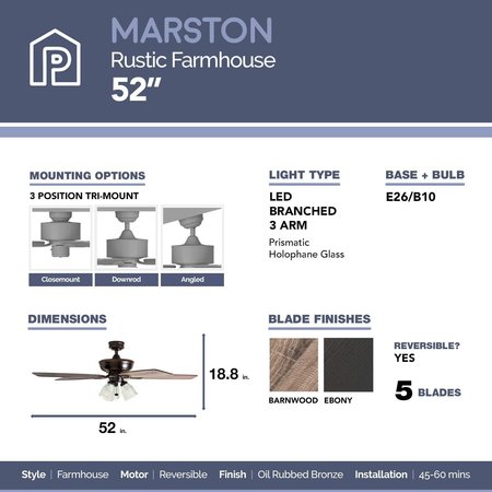 Prominence Home Marston, 52 in. Traditional Ceiling Fan with Light, Oil-Rubbed Bronze 51017-40
